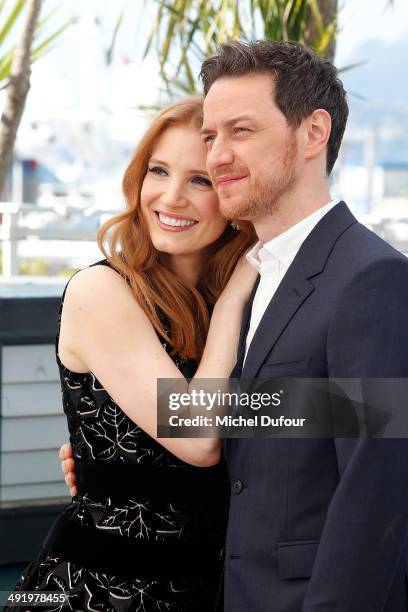 Jessica Chastain and James McAvoy attend "The Disappearance Of Eleanor Rigby" photocall at the 67th Annual Cannes Film Festival on May 18, 2014 in...