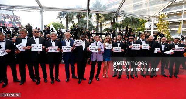 The cast of "The Expendables 3" US actor Glen Powell, Swedish actor Dolph Lundgren, Austalian director Patrick Hughes, US actor Harrison Ford, US...