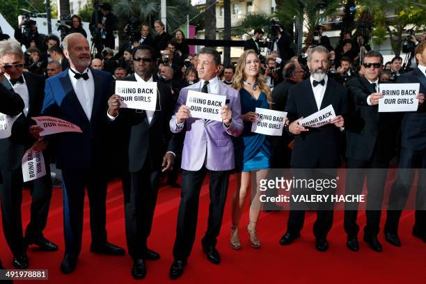 The cast of "The Expendables 3" US actor Harrison Ford, US actor Kelsey Grammer, US actor Wesley Snipes, US actor Sylvester Stallone, US actress...