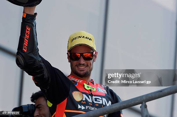 Simone Corsi of Italy and NGM Forward Racing celebrates the second place on the podium at the end of the Moto2 race during the MotoGp Of France -...