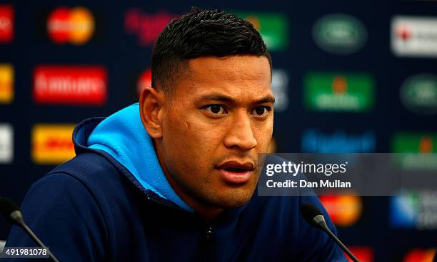 Israel Folau of Australia speaks to the media following the Australia Captain's Run ahead of the 2015 Rugby World Cup Pool A match against Wales at...