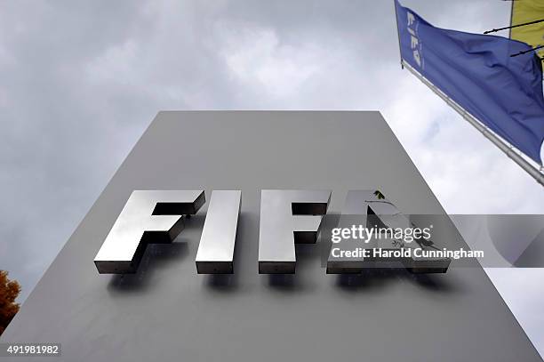 Logo next to the entrance at the FIFA headquarters on October 9, 2015 in Zurich, Switzerland. On Thursday, FIFA's Ethics Committee provisionally...
