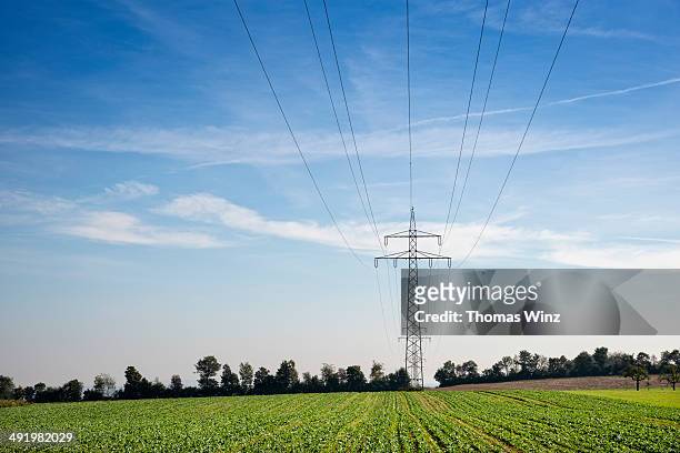 transmission towers and power lines - hochspannungsmast stock-fotos und bilder