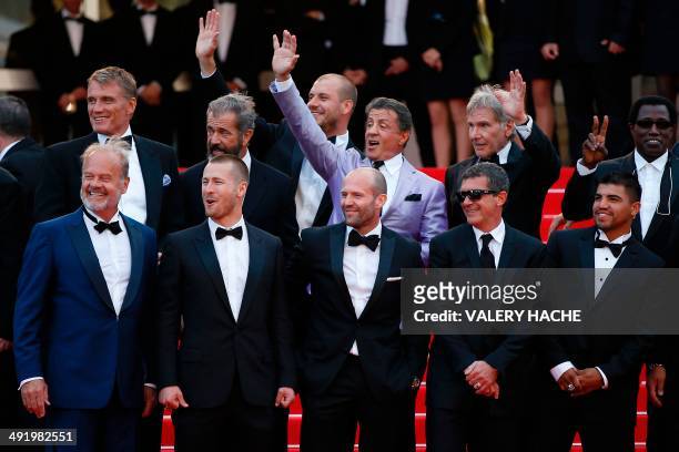 The cast of "The Expendables 3" Swedish actor Dolph Lundgren, Australian actor Mel Gibson, Austalian director Patrick Hughes, US actor Sylvester...