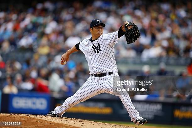Hiroki Kuroda of the New York Yankees pitches against the Pittsburgh Pirates in the first inning during their game on May 18, 2014 at Yankee Stadium...