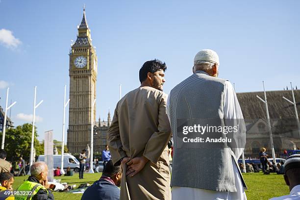 Muslims taking part at the first ever congregational Friday prayer in Parliament Square in London, England on October 9, 2015. The prayer was...
