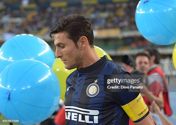 Javier Zanetti of Internazionale Milano looks on before the Serie A match between AC Chievo Verona and FC Internazionale Milano at Stadio...
