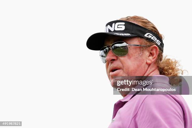Miguel Angel Jimenez of Spain looks on after he hits his tee shot on the 14th hole during the final round of the Open de Espana held at PGA Catalunya...