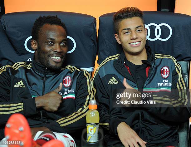 Michael Essien and Hachim Mastour of AC Milan prior to the Serie A match between AC Milan and US Sassuolo Calcio at San Siro Stadium on May 18, 2014...