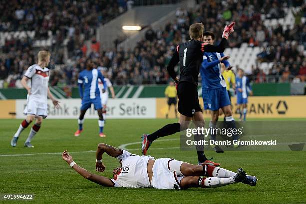 Davie Selke of Germany reacts as he is brought down by Otso Virtanen of Finland during the 2017 UEFA European U21 Championships Qualifier between U21...