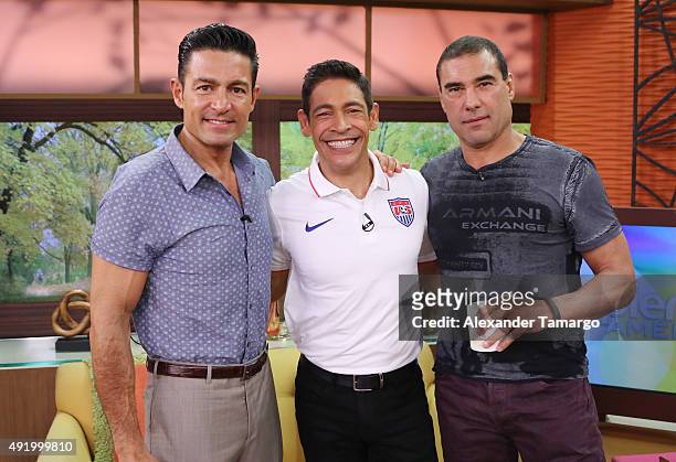 Fernando Colunga, Johnny Lozada and Eduardo Yanez are seen on the set of "Despierta America" to promote the film "Ladrones" at Univision Studios on...