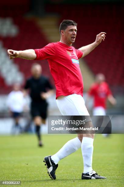 Niall Quinn of 'Gunners Greats' in action during the Football30 Elite Legends Tournament at Brisbane Road on May 18, 2014 in London, England.