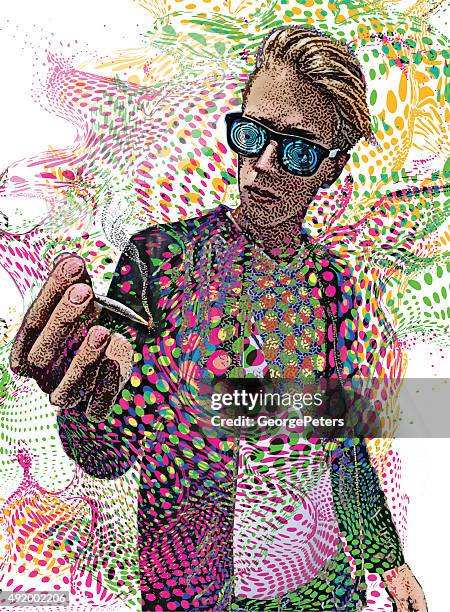 stockillustraties, clipart, cartoons en iconen met young man smoking marijuana and psychedelic background - narcotic