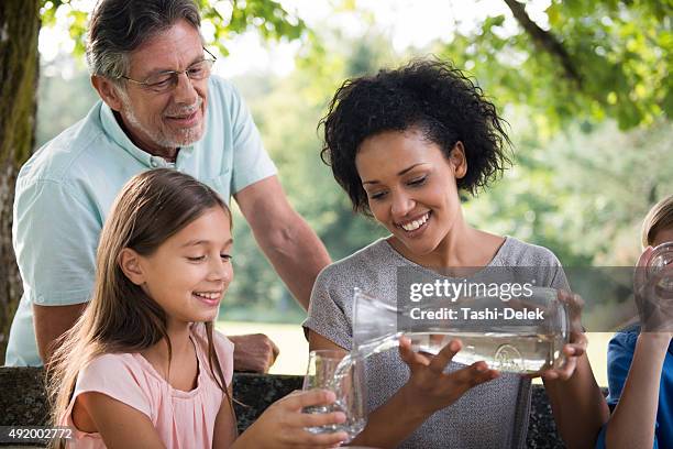 familie genießen im park - trinkwasser stock-fotos und bilder