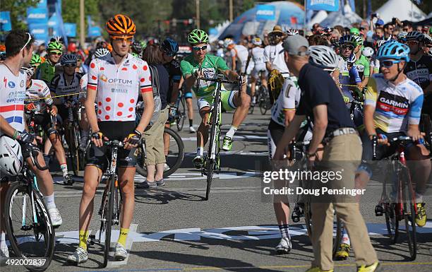 Peter Sagan of Slovakia riding for the Cannondale Pro Cycling Team rides a wheelie to the starting line for stage eight of the 2014 Amgen Tour of...