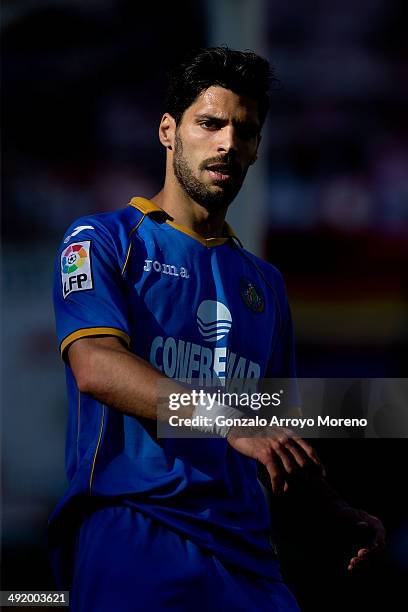 Angel Lafita of Getafe CF looks on during the La Liga match between Rayo Vallecano de Madrid and Getafe CF at Estadio de Vallecas on May 18, 2014 in...