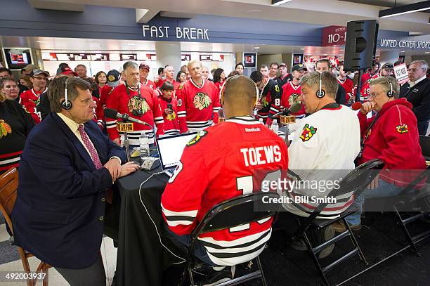 Chicago Blackhawks owner Rocky Wirtz talks on the radio prior to Game One of the Western Conference Final between the Los Angeles Kings and the...