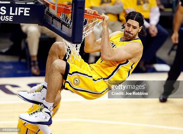 Luis Scola of the Indiana Pacers dunks against the Miami Heat during Game One of the Eastern Conference Finals of the 2014 NBA Playoffs at Bankers...