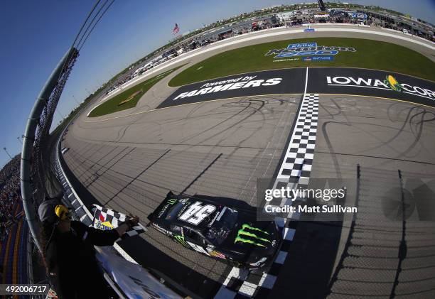 Sam Hornish Jr., driver of the Monster Energy Toyota, takes the checkered flag to win the NASCAR Nationwide Series Get To Know Newton 250 Presented...