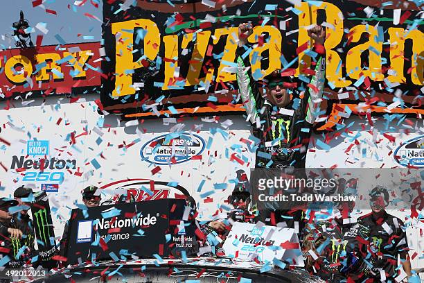 Sam Hornish Jr. Driver of the Monster Energy Toyota, celebrates in victory lane after winning the NASCAR Nationwide Series Get To Know Newton 250...