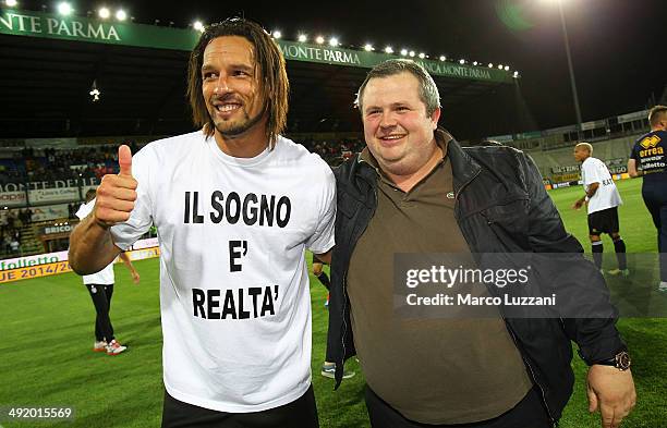 Parma FC president Tommaso Ghirardi and Amauri Carvalho De Oliveira celebrate their qualification for UEFA Europa League 2014/15 at the end of the...