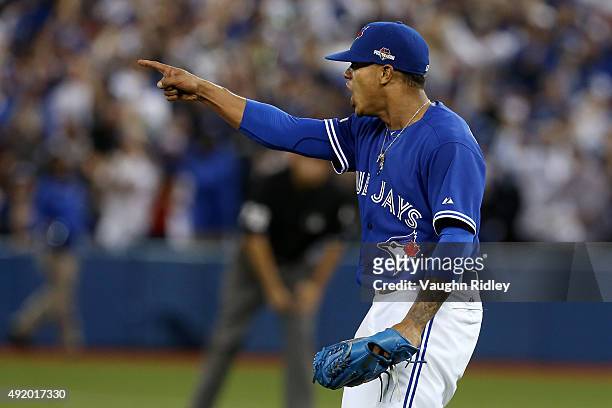 Marcus Stroman of the Toronto Blue Jays reacts after a play to end the fifth inning against the Texas Rangers during game two of the American League...