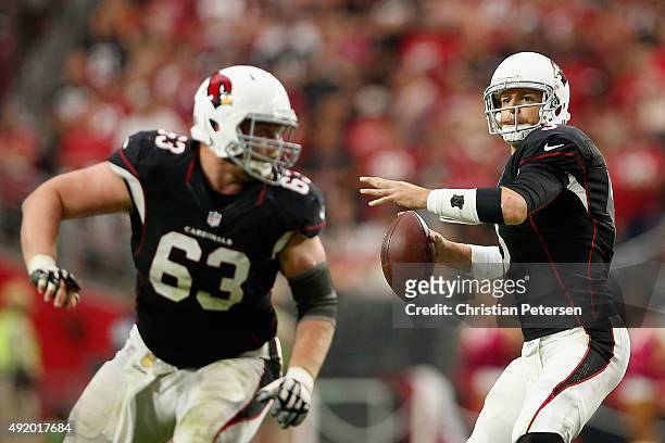 Quarterback Carson Palmer of the Arizona Cardinals drops back to pass behind center Lyle Sendlein during the NFL game against the St. Louis Rams at...