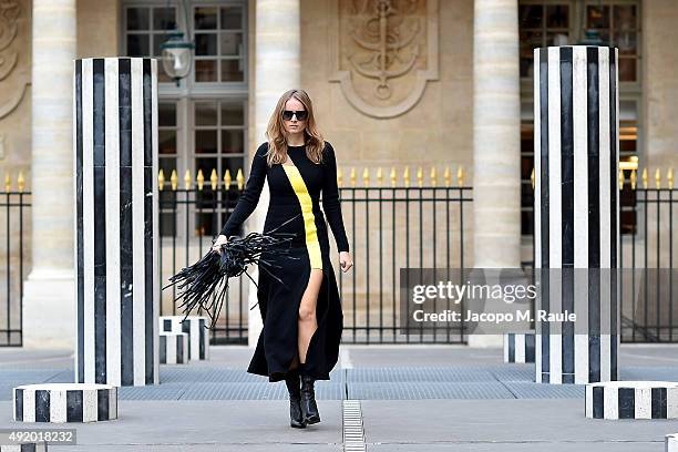 Olga Sorokina is seen during Paris Fashion Week Womenswear Spring/Summer 2016 on October 7, 2015 in Paris, France.