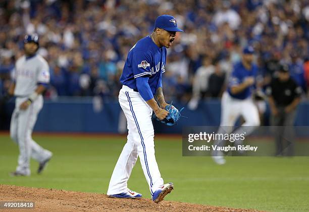 Marcus Stroman of the Toronto Blue Jays reacts after a strikeout to end the top of the sixth inning against the Texas Rangers during game two of the...