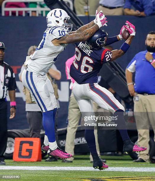 Rahim Moore of the Houston Texans intercepts a pass intended for Donte Moncrief of the Indianapolis Colts at NRG Stadium on October 8, 2015 in...