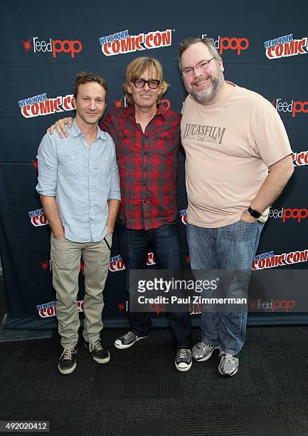 Actor Breckin Meyer, director Tom Sheppard and writer Tom Root attend the Robot Chicken / Neon Joe and Werewolf Hunter Adult Swim Press Hour at New...