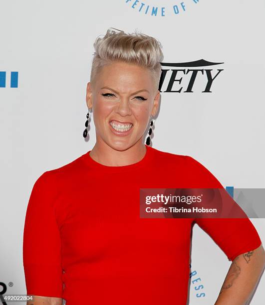 Pink attends the Autism Speaks to Los Angeles Celebrity Chef Gala at Barker Hangar on October 8, 2015 in Santa Monica, California.