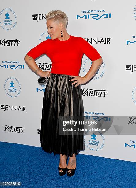 Pink attends the Autism Speaks to Los Angeles Celebrity Chef Gala at Barker Hangar on October 8, 2015 in Santa Monica, California.