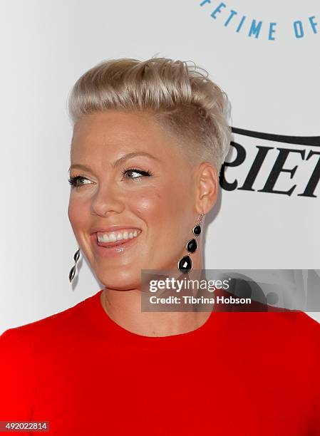 Pink attends the Autism Speaks to Los Angeles Celebrity Chef Gala at Barker Hangar on October 8, 2015 in Santa Monica, California.