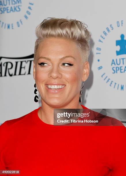 Pink attends the Autism Speaks to Los Angeles Celebrity Chef Gala at Barker Hangar on October 8, 2015 in Santa Monica, California.