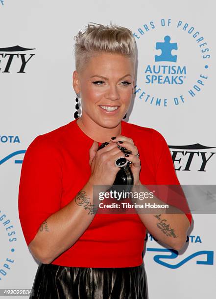 Pink attends the Autism Speaks to Los Angeles Celebrity Chef Gala at Barker Hangar on October 8, 2015 in Santa Monica, California.