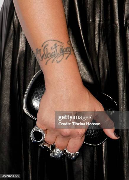 Pink, fashion detail, attends the Autism Speaks to Los Angeles Celebrity Chef Gala at Barker Hangar on October 8, 2015 in Santa Monica, California.