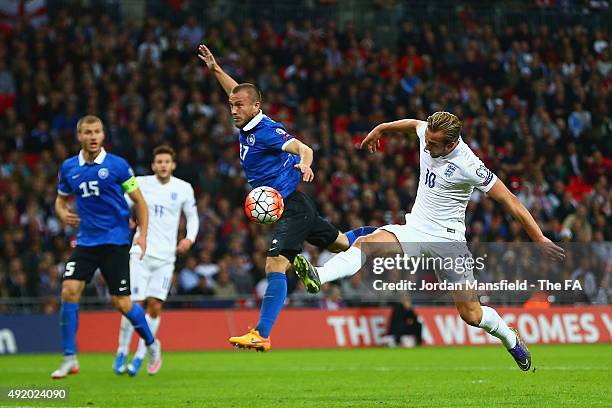 Harry Kane of England shoots at goal during the UEFA EURO 2016 Group E Qualifier match between England and Estonia at Wembley Stadium on October 9,...