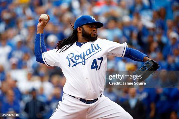 Johnny Cueto of the Kansas City Royals throws a pitch in the first inning against the Houston Astros during game two of the American League Division...