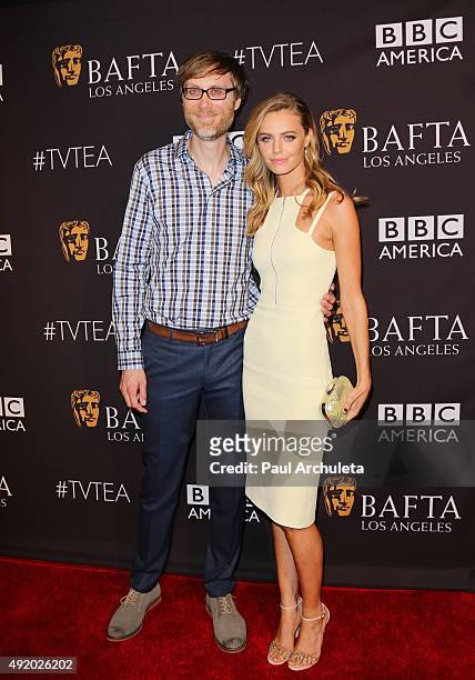 Writer Stephen Merchant and Actress Christine Marzano attend the BAFTA Los Angeles TV Tea 2015 at SLS Hotel on September 19, 2015 in Beverly Hills,...
