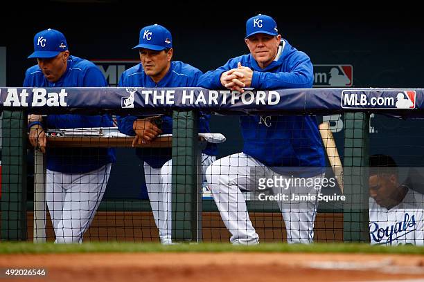 Ned Yost of the Kansas City Royals looks on from the dugout against the Houston Astros during game two of the American League Division Series at...