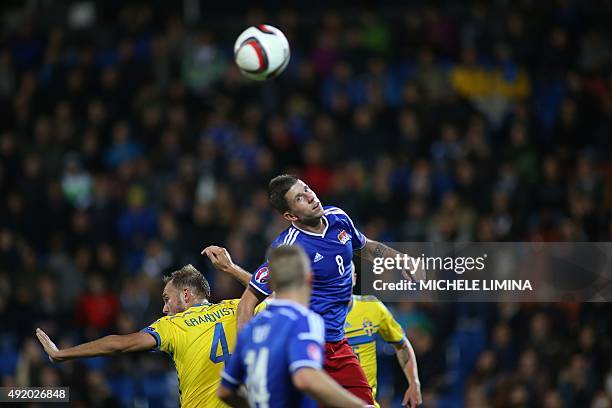 Swedens Andreas Granqvist vies with Liechtensteins Sandro Wieser during the Euro 2016 Group G qualifying football match between Liechtenstein and...