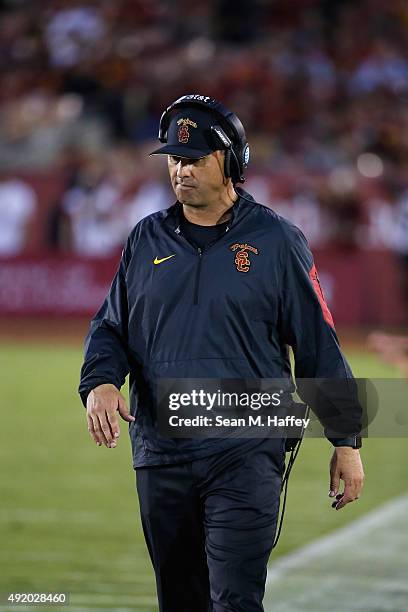 Head coach Steve Sarkisian of the USC Trojans during the first half of a game against the Washington Huskies at Los Angeles Memorial Coliseum on...