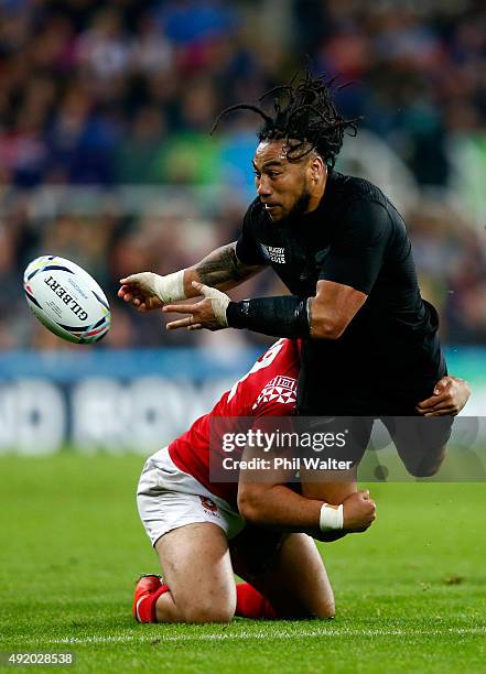 Ma'a Nonu of the New Zealand All Blacks is tackled during the 2015 Rugby World Cup Pool C match between New Zealand and Tonga at St James' Park on...