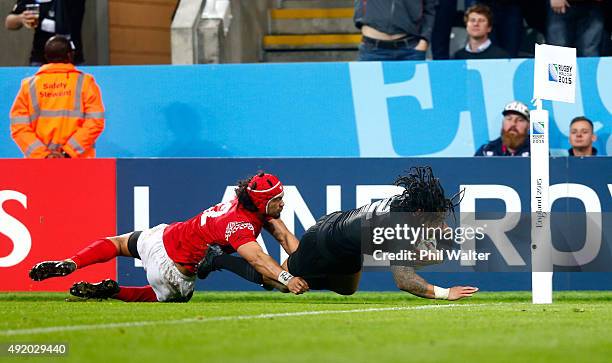 Ma'a Nonu of the New Zealand All Blacks scores their seventh try during the 2015 Rugby World Cup Pool C match between New Zealand and Tonga at St...