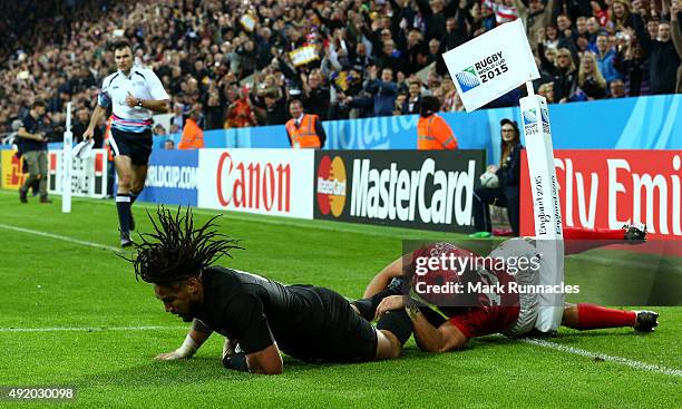 Ma'a Nonu of the New Zealand All Blacks scores their seventh try during the 2015 Rugby World Cup Pool C match between New Zealand and Tonga at St...