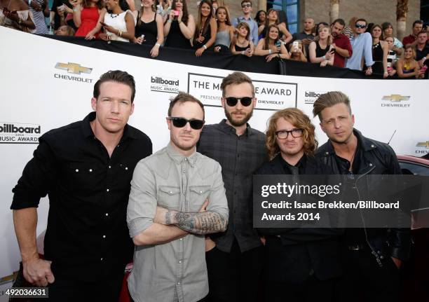Recording artists Zach Filkins, Eddie Fisher, Brent Kutzle, Drew Brown and Ryan Tedder of OneRepublic attend the 2014 Billboard Music Awards at the...