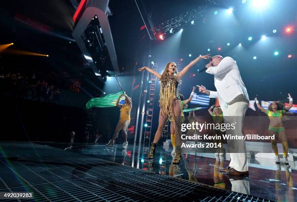 Recording artists Jennifer Lopez and Pitbull perform onstage during the 2014 Billboard Music Awards at the MGM Grand Garden Arena on May 18, 2014 in...