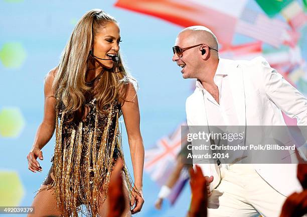 Recording artists Jennifer Lopez and Pitbull perform onstage during the 2014 Billboard Music Awards at the MGM Grand Garden Arena on May 18, 2014 in...