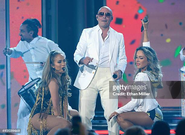 Recording artists Jennifer Lopez, Pitbull and Claudia Leitte perform onstage during the 2014 Billboard Music Awards at the MGM Grand Garden Arena on...